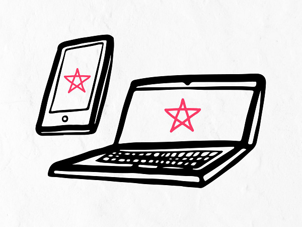 Visual+Identity+Design+Across+Different+Media+-+Digital+Platforms A doodled laptop and smartphone with logos on it